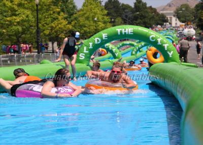 China La diapositiva inflable verde al aire libre larga estupenda la ciudad para explota el parque del agua en venta