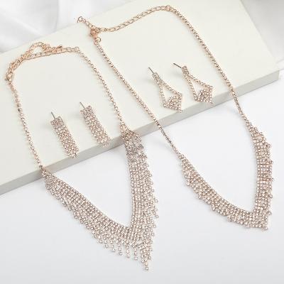 China Other China Suppliers American Stainless Steel Jewelry Tassel Rhinestone Big Necklace And Earring Diamond Long Set For Women for sale