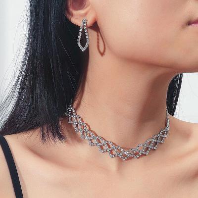 China New Style Diamond Pendant Earings And Rhinestones Bridal Copper Jewelry TRENDY Choker Necklace Set Women To Wedding Silver Luxury for sale