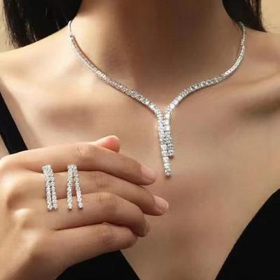 China New Style Designer Fashionable Korean Simple Necklace Pendant Ladies Earrings And Silver Copper Zircon Jewelry Set Wedding For Women Luxury for sale