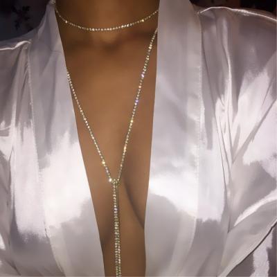 China 2022 new product fashion accessories fashion jewelry silver gold sex chest rhinestone body chain double layer necklace for women for sale