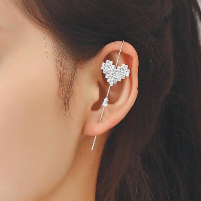 China Trendy Korea Best Selling Jewelry Earring Drop Heart Statement Heart Hanging Clip On Pierce Earring Rhinestone Silver For Women 2022 for sale