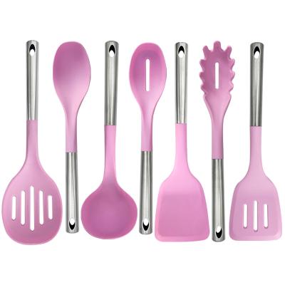 China Sustainable Silicon Kitchen Tools Spatula Spaghetti Serving Slotted Spoon Cooking Tools Pink Kitchen Utensils for sale