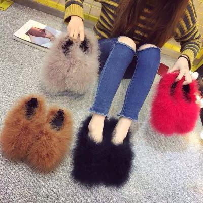 China New Fashion Trend 2022 Fashion Luxury Ostrich Feather Comfortable Indoor Hair Fur Slides Hairy Slippers Sandals Shoes For Women for sale