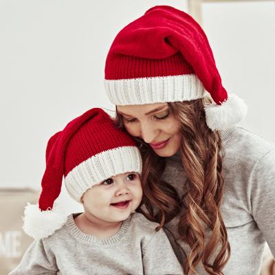 China Character Women Kids Knitted Christmas Hat Winter Ribbed Beanie Hat Chunky Cable Parent Child Knit Warm Pompom Hat for sale