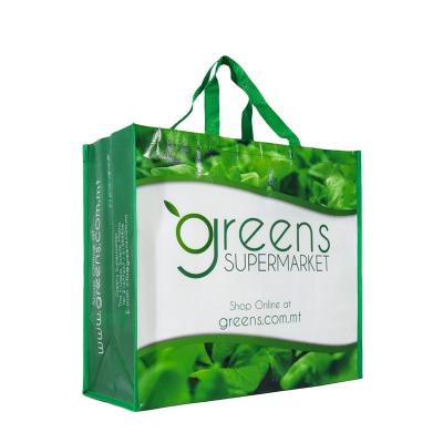 China Wholesale Reusable Grocery Handled Tote Bag For Supermarket Custom Logo Eco Recycled Fabric rPET Woven Laminated Green Shopping Bag for sale