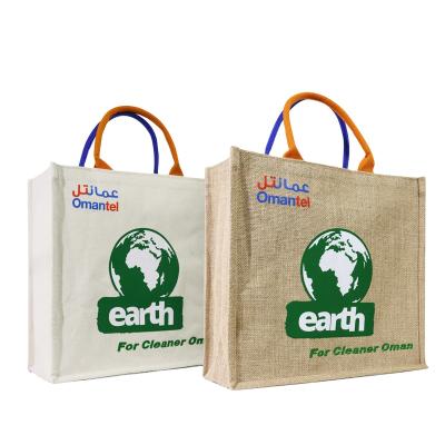 China Custom High Quality Eco-friendly Printed Handled Logo Burlap Linen Jute Tote Bag With Inner Lamination for sale