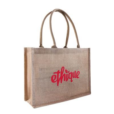 China Eco Friendly Custom Printed Logo Organic Jute Burlap Linen Beach Tote Gift Shopping Bag With Heat Transfer Printing Logo for sale