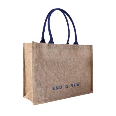 China Wholesale Custom Handled Printed Logo Natural Jute Burlap Linen Grocery Shopping Tote Beach Bag With Cotton Handle for sale