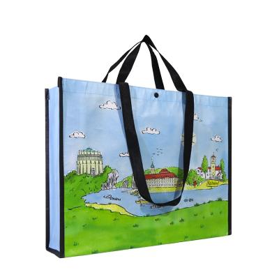 China Custom Printed Logo Laminated RPET Woven Shopping Tote Bag With Double Handle Reusable Eco-Friendly Recyclable And Button Closure for sale