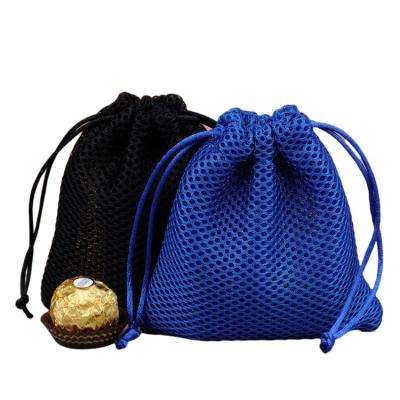 China Customized Nylon Pouch Recyclable Net Sandwich Drawstring Mesh Makeup Bags Black And Blue for sale