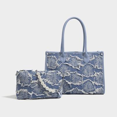 China YIMYIK Fashion Designer Ladies Denim Tote Hand Bags Set Wholesale Custom Women's Handbags Large With Pearl Chains for sale