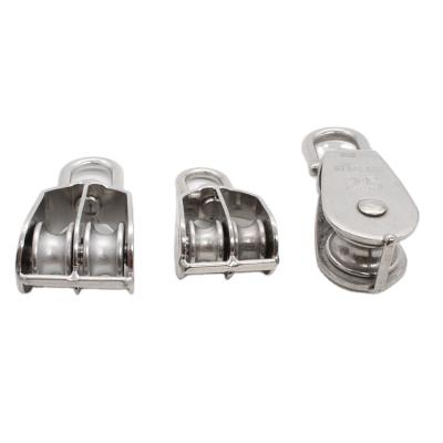 China Stainless Steel 304 Stainless Steel Marine Pulley M20 Double Wheel Swivel Eye Cable Pulley Block for sale