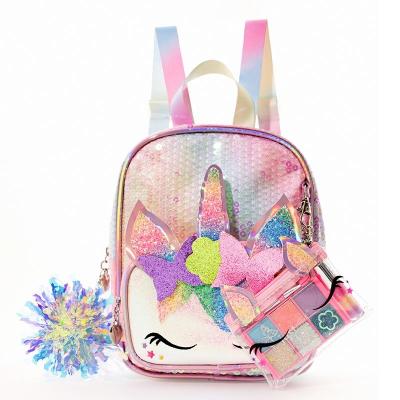 China Unicorn Makeup Backpack Set Kids Non Toxic Lovely Makeup Kit Shiny French Terry Schoolbag for sale