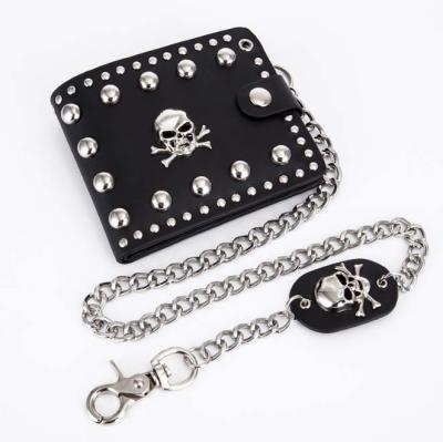 China Europe and America waterproof wholesale promotional skull punk chain riveted genuine leather wallet men, men's fashion PU leather wallets for sale