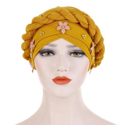 China Fashion New Design Flower Twist Small Braid Muslim Hat Gold Beads Headwear Turban Hats For Women for sale