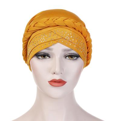 China New Fashion Fashion Indian Ladies Twist Braid Head Wrap Hat Solid Color Rhinestone Turban Hat for sale