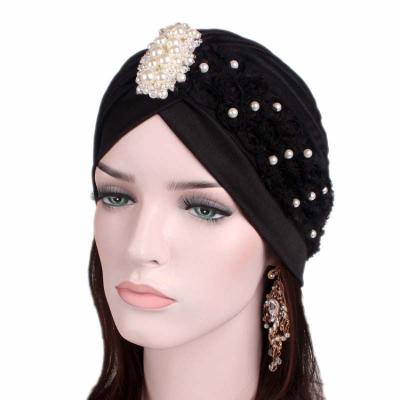 China Fashion Women Multicolor Pearl Beads Indian Head Hat Muslim Flower Hijab Turban Hats for sale