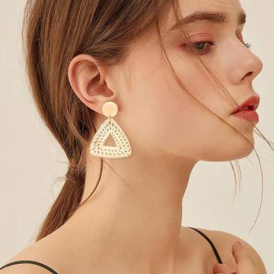 China 2020 New Rattan Simple Wooden Craft Handmade Woven Earrings Simple Geometric Triangle Dangling Earrings for sale