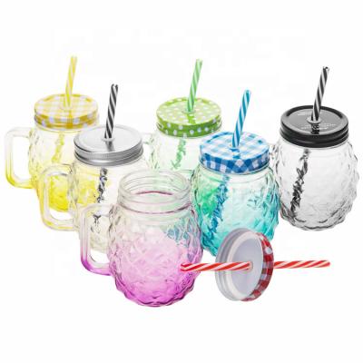 China Sustainable Mason Cup Glass Bottle 450ml Pineapple Beverage And Cold Drink Mug With Straw And Lid for sale