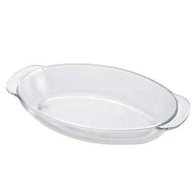 China Disposable Tempered Glass Clear Oval Glass Baking Dishes Set Microwave Glass Baking Pan with Handle for sale