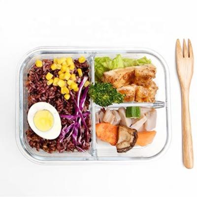 China 3 Compartment Microwave Oven Use Glass Food Container Sustainable Bento Lunch Boxes With Glass Divider for sale