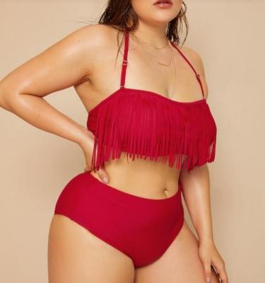 China Wholesale Woman 2020 New Breathable High Waist Large Size Tassel Bikini Beauty Ladies Swimwear Plus Size Swimsuit Women Red Solid Color for sale