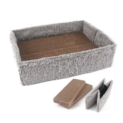 China Multifunctional Viable Coral Pet Cat Scratch Board Toys Plush Bed Cat Cardboard Scratcher Corrugated Paper Bed For Big Fat Cat for sale