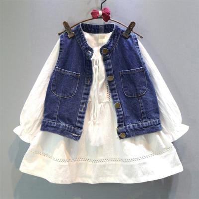 China Casual Innovative Products for Children's Clothing Korean Import Fashion White Dress and Jean Coat Two Piece Set for Girl for sale