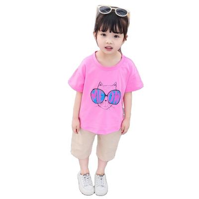 China Kids Casual Clothes Suits T-shirt Hooded Cotton Cartoon Pink Summer Girl Two Piece Set for sale