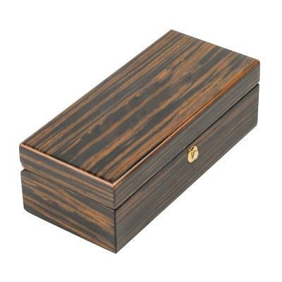 China Factory New Designs Handmade High Gloss Rectangular Stripe Pattern Lacquer Wooden Box With Gold Lock For Liquor Wine Gift Packing for sale