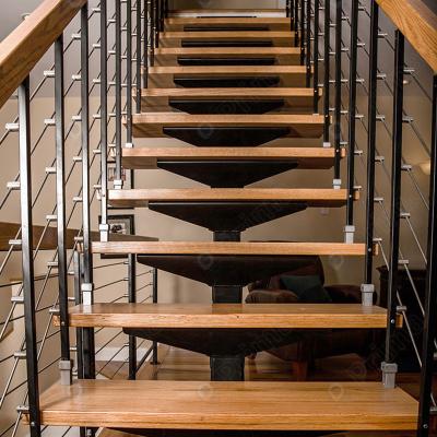 China Modern Design Modern Interior Straight Wooden Floating Stair Tread Steps And Tempered Glass Panel Balustrade for sale