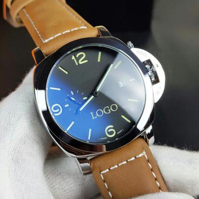 China Men Leather Strap Wear Comfort Mineral Crystal Glass With Blue Light Plating Imported Quartz Movement With Calendar Window Small Diameter for sale