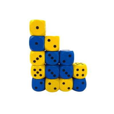 China Construction Toy Wood Dice 25mm Black Dot Mixed 2 Colors Yellow And Blue Color Round Corner Block Wooden Dice Cube for sale