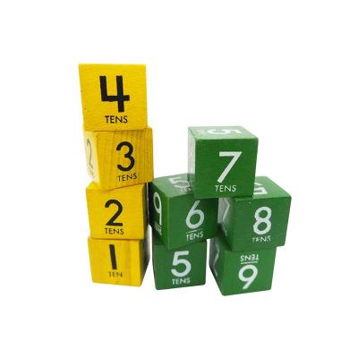 China Wooden Block Wooden School Toys 50pcs 25mm Green And Yellow Color With Number 0~10 Wooden Dies for sale