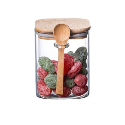 China Freshness Preservation Ready To Ship Glass Tank Borosilicate Glass Square Canisters Jar With Bamboo Lids And Spoon for sale