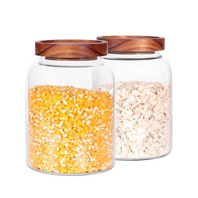 China Freshness Preservation Borosilicate Glass Clear Food Storage Containers For Pantry Large Sealed Jar With Wooden Lid for sale