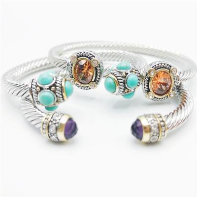 China Trendy Fashion Vintage Fancy Gift Women Inlay Gemstone Bangle Stainless Steel Open Wire Cable Twisted Cuff Bracelet for sale