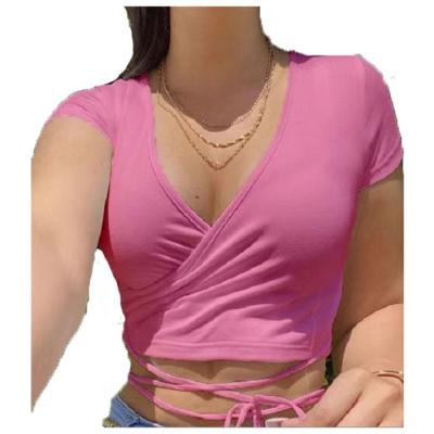 China Women's lace up T-shirt short top framing slim sexy navel summer solid color v-neckline soft short sleeve T-shirt for sale