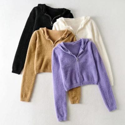 China New fashion breathable high waisted knitted cardigan ladies sweater hoodie ladies top for sale