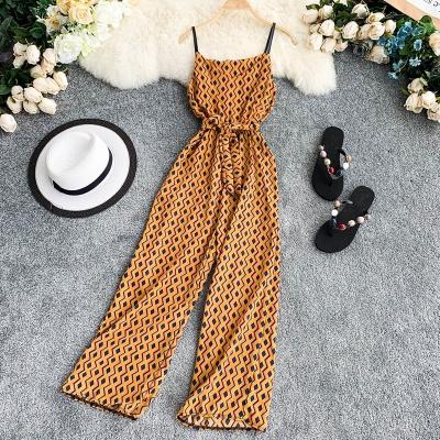 China Breathable Wide-leg Belt Autumn Pattern Chiffon Geometric Print Sleeveless Seaside Holiday Plus Size Overalls 2022 for sale