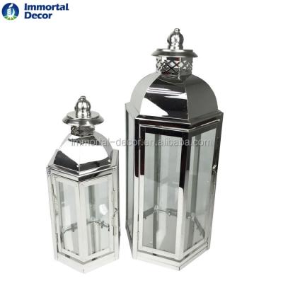 China Home Decoration Hexagon Stainless Steel 202 Candle Glass Lanterns for sale