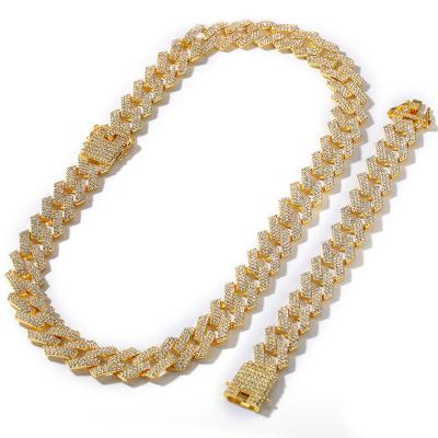 China 20mm Iced Out Miami Rhinestone Cuban Link Fork Cuban Link Chain 3 Row Necklace Bracelet Mens Hiphop Jewelry Set for sale