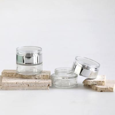 China 20G 30G 50G Cosmetic Clear Plastic Empty Glass Cosmetic Scrubs For Acrylic Cream Jar With Lids for sale