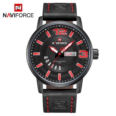 China 2019 calendar naviforce 9143 fashion full sports 30m waterproof quartz wristwatches for man with blue leather strap for sale