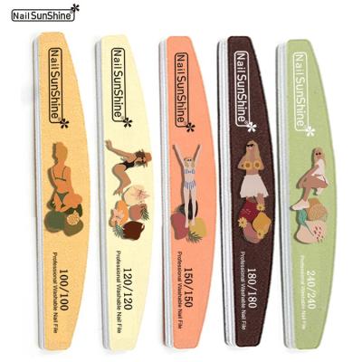 China EMERY Half Moon Nail File Macaroon Sand 100/120/150/180/240 Grain 1.8mm Core Quality Custom Logo Printed Plastic Nail Files for sale