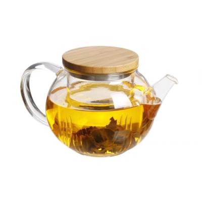 China 650ML Hand Blown Glass Viable Flower Teapot With Wooden Lid And Removable Glass Infuser for sale