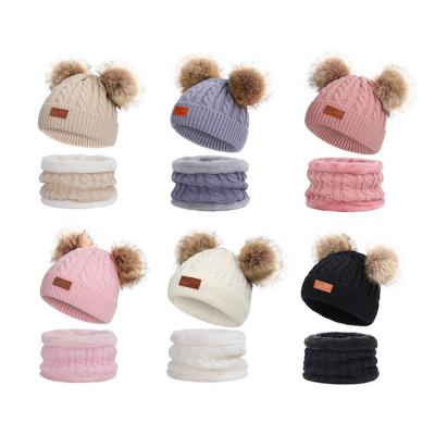 China Warm Warm/Comfy/Comfortable Over Amazon Winter Hat Kids And Scarf Sets Scarves Baby Knitted Double Pom Pom Hats Beanies for sale