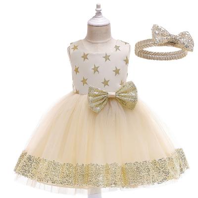 China Yellow Pink Kids Breathable Wedding Princess Big Bow Stars Kids Dresses Party Wear Bridesmaid for sale