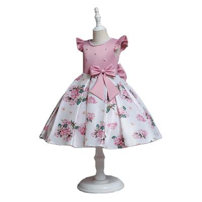 China Elegant Cap Sleeve Summer Ruffle Girls Beaded Satin Kids Bows Nice Flora Printed Flower Girl Dress For Wedding for sale